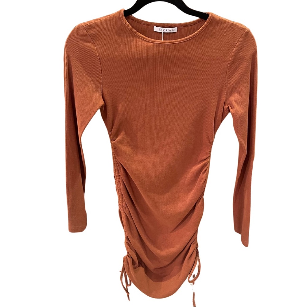 Brown side ruching mini dress